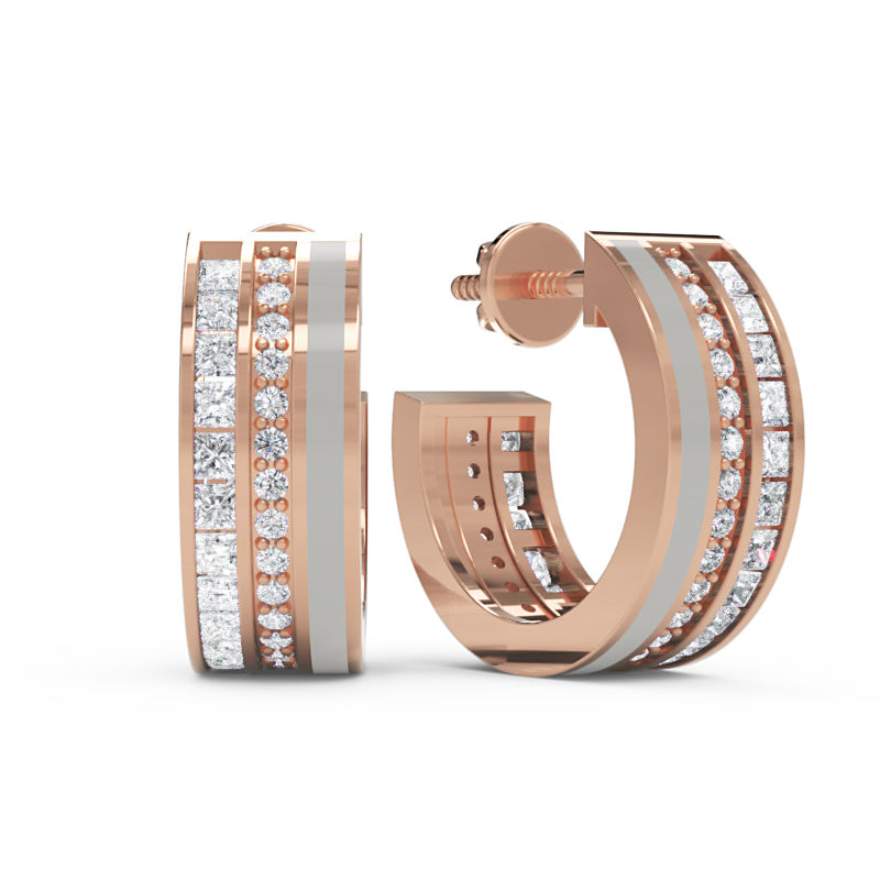Wide Channel Set Diamond Hoop Earrings With Double Row Design - Four