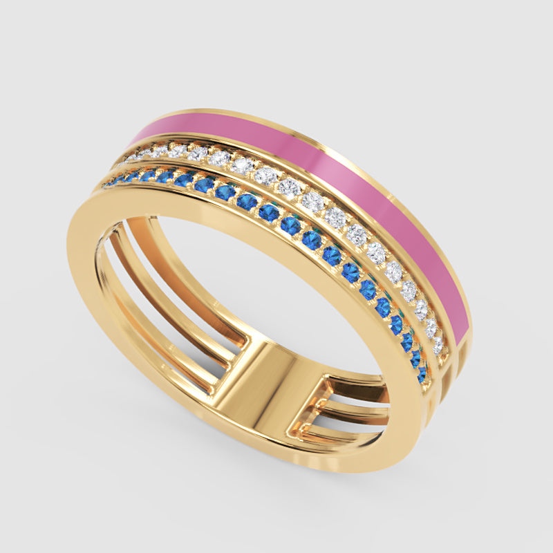 Blue Sapphire And Diamond Stackable Ring Set With Pink Enamel Band - Five