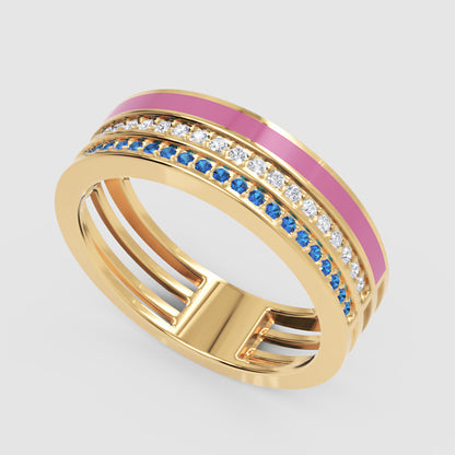 Blue Sapphire And Diamond Stackable Ring Set With Pink Enamel Band - Five