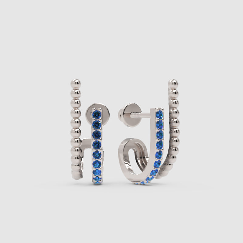 Blue Sapphire Double Hoop Beaded Earrings - One