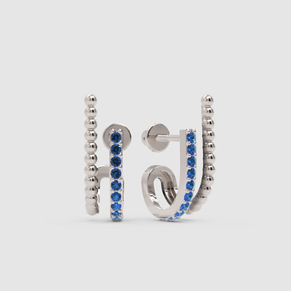 Blue Sapphire Double Hoop Beaded Earrings - One