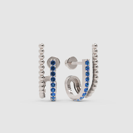 Blue Sapphire Double Hoop Beaded Earrings - One