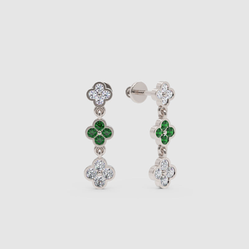 Gold Clover Drop Earrings With Green Gem Stone And White Diamonds - Five