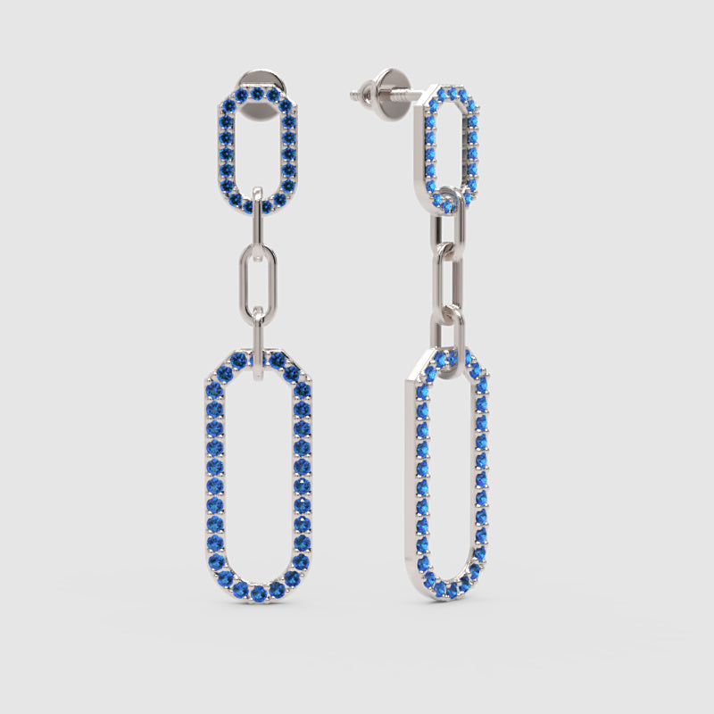 Blue Lab Grown Gemstone Link Drop Earrings  Pave Oval Chain Statement Dangle Design - One