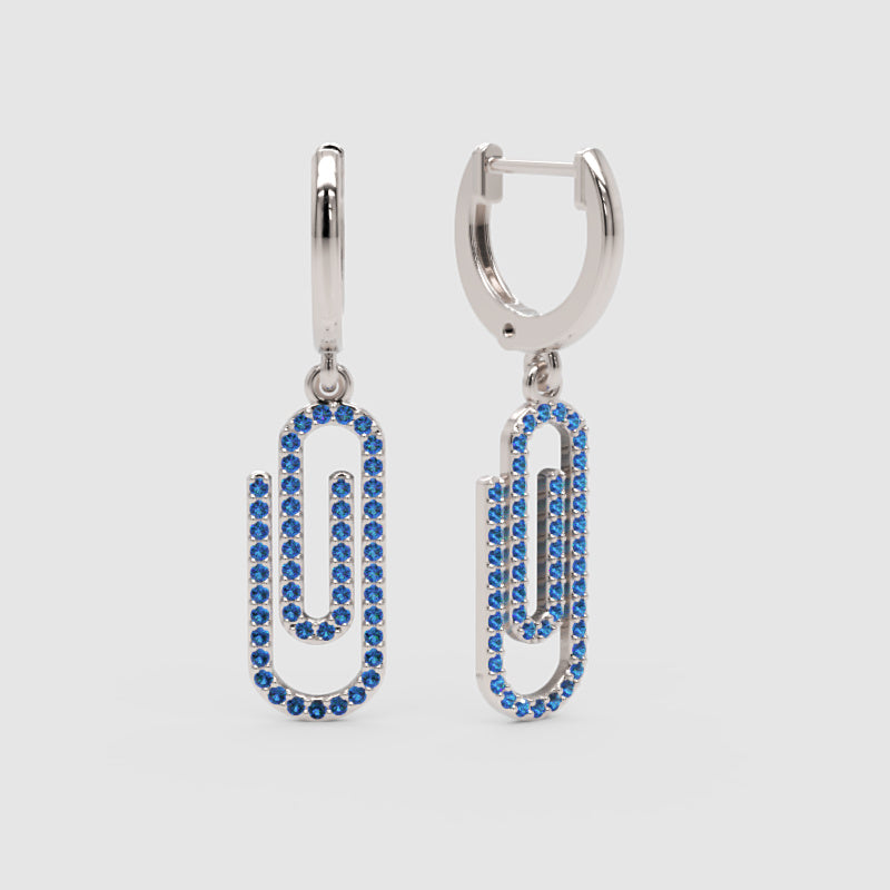 Blue Sapphire Paperclip Link Huggie Hoop Earrings - One