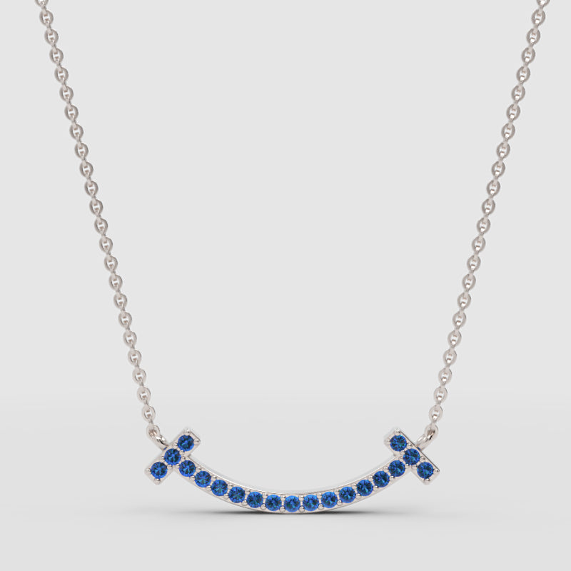 Blue Sapphire Curved Smile Bar Pendant Necklace - One