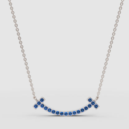 Blue Sapphire Curved Smile Bar Pendant Necklace - One