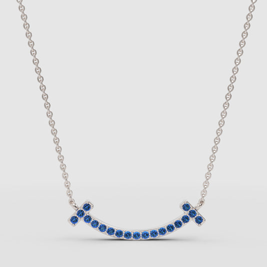 Blue Sapphire Curved Smile Bar Pendant Necklace - One