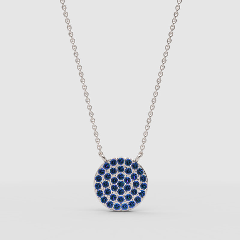 Blue Sapphire Pav Circle Disc Pendant Necklace - One