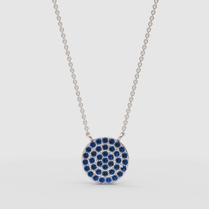 Blue Sapphire Pav Circle Disc Pendant Necklace - One