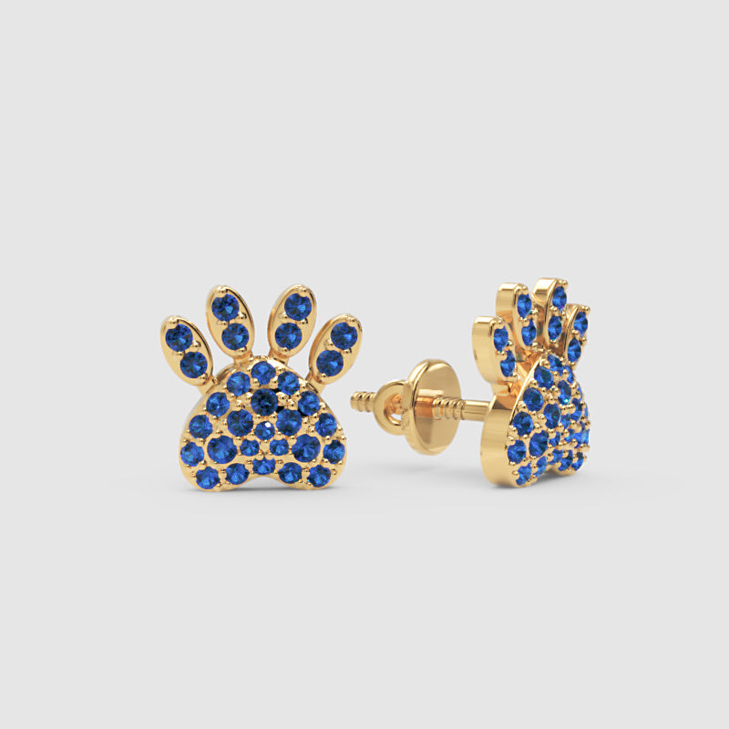 Blue Sapphire Paw Print Stud Earrings With Screw Back Closure - One