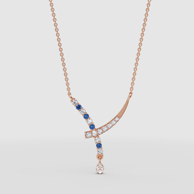 Rose Gold Diamond And Blue Gemstone Accents Drop Necklace - One