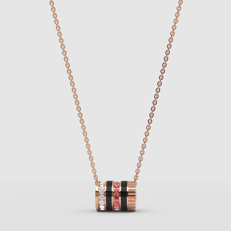 Rose Gold Multi-Band Barrel Pendant Necklace With Diamond, Red Gemstone & Enamel | Jebij - One