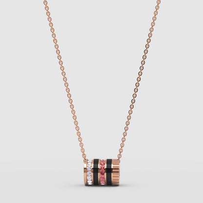 Rose Gold Multi-Band Barrel Pendant Necklace With Diamond, Red Gemstone & Enamel | Jebij - One
