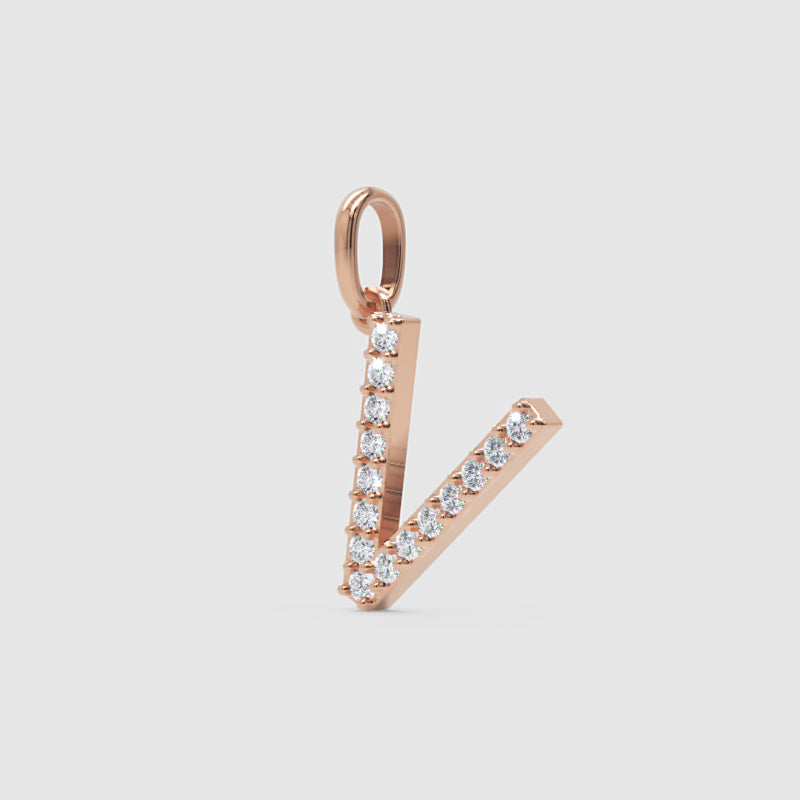 Rose Gold Diamond Letter V Initial Pendant Charm