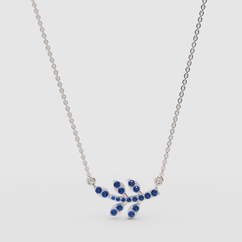 Blue Sapphire Leaf Branch Pendant Necklace - One