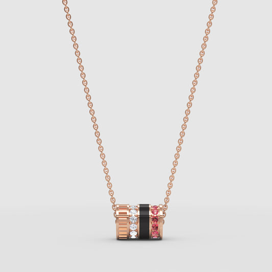 Diamond & Red Gemstone Barrel Pendant Necklace With Custom Enamel | Adjustable 16–17 Inch Chain In Rose Gold | Jebij - One