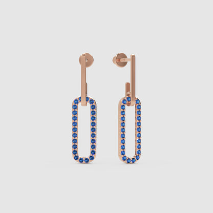 Blue Sapphire Geometric Drop Earrings With Bar Studs - One