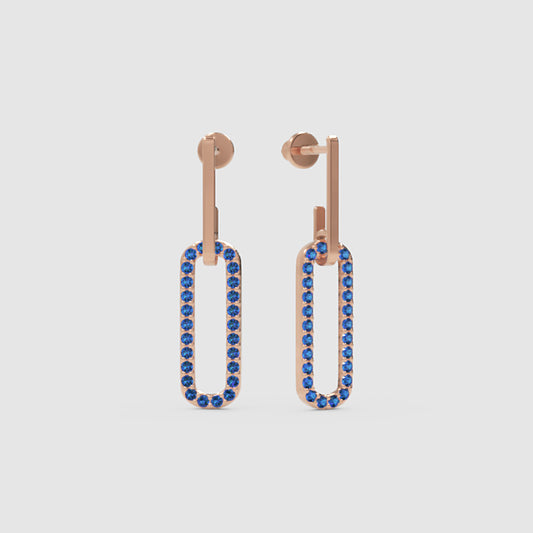 Blue Sapphire Geometric Drop Earrings With Bar Studs - One