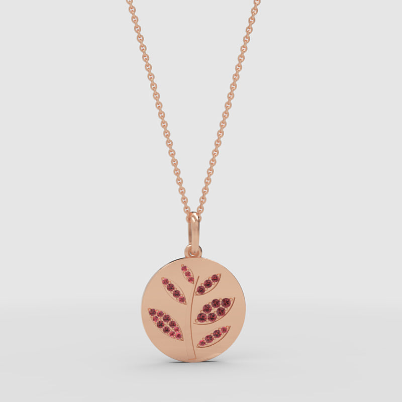 Rose Tone Leaf Disc Pendant Necklace With Pink Gemstones - One