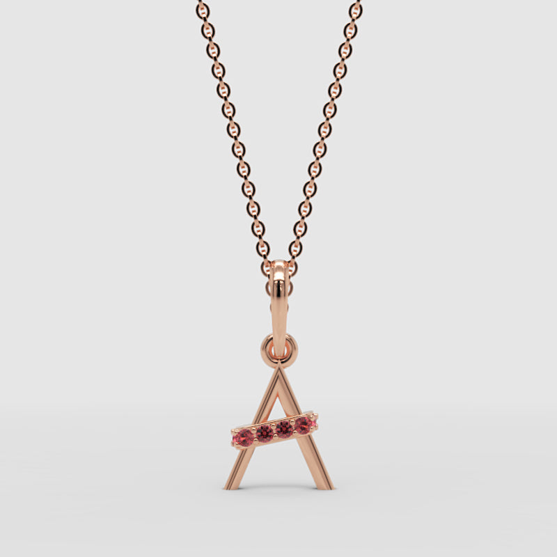 Initial Letter A Pendant Necklace With Pink Gemstones - One