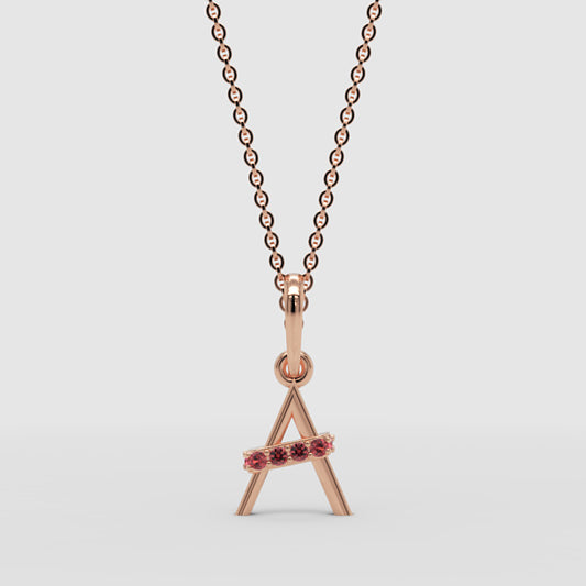 Initial Letter A Pendant Necklace with Pink Gemstones
