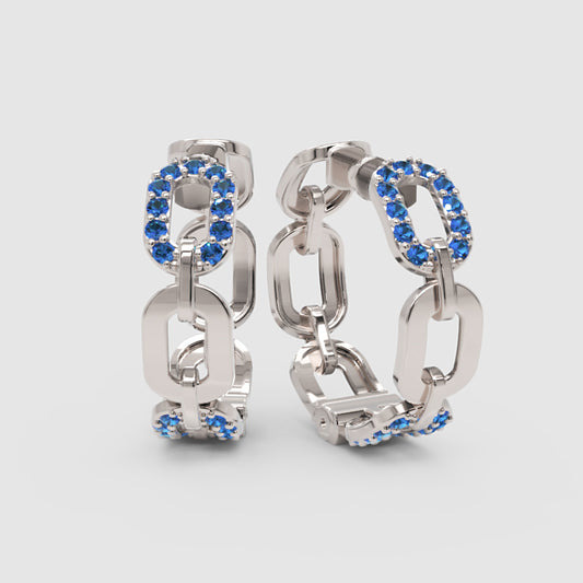 Blue Gemstone Chain Link Hoop Earrings - One