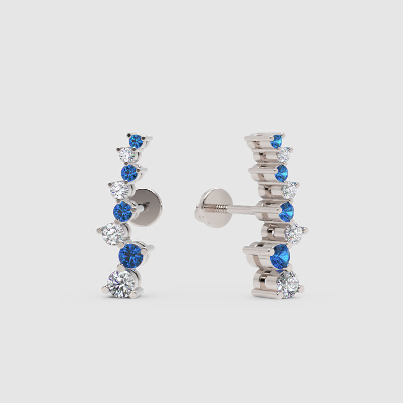 Blue Sapphire And White Diamond Curved Climber Earrings In 14K Yellow Gold - Five