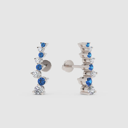 Blue Sapphire And White Diamond Curved Climber Earrings In 14K Yellow Gold - Five
