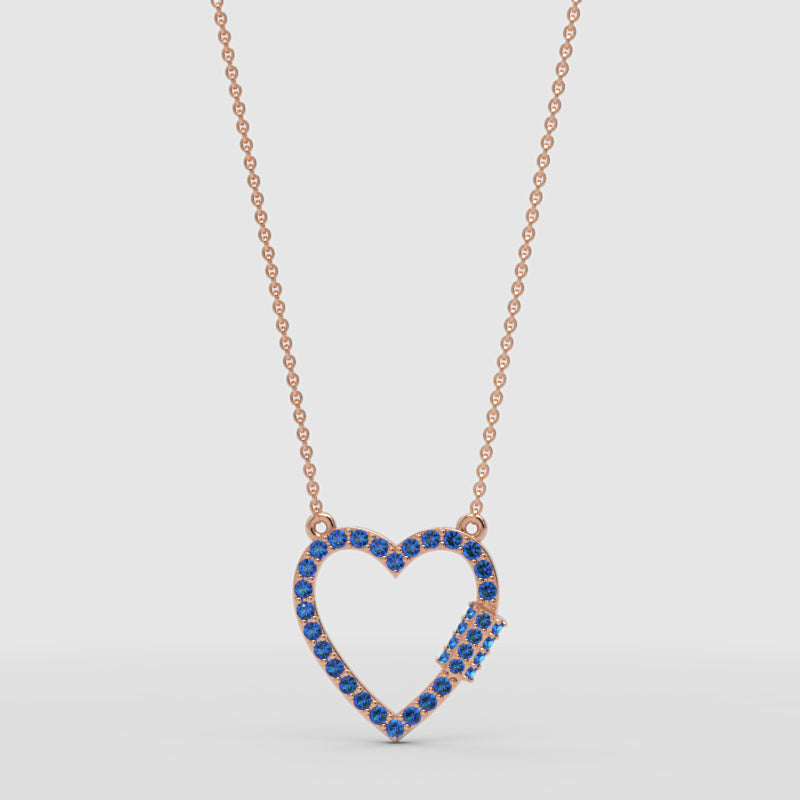 Lab-Grown Blue Sapphire Open Heart Necklace In Rose Gold | Elegant Pave Pendant With Adjustable 16–17 Inch Chain - One