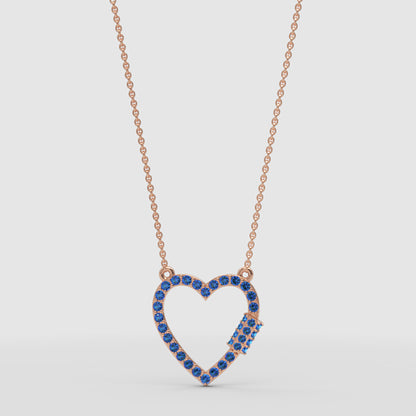 Lab-Grown Blue Sapphire Open Heart Necklace In Rose Gold | Elegant Pave Pendant With Adjustable 16–17 Inch Chain - One