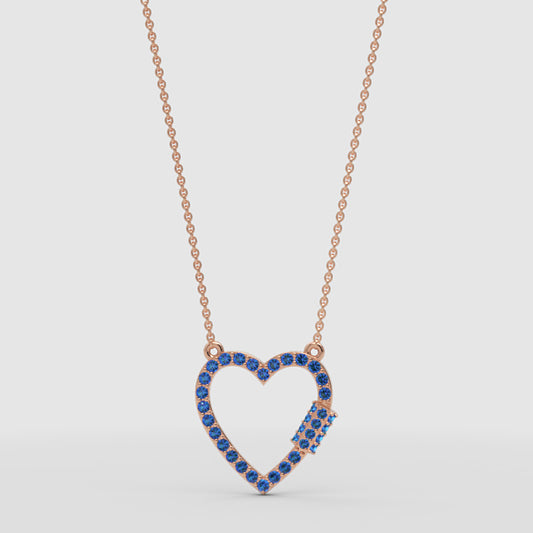 Lab-Grown Blue Sapphire Open Heart Necklace In Rose Gold | Elegant Pave Pendant With Adjustable 16–17 Inch Chain - One