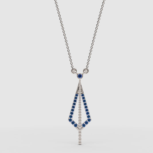 Art Deco Blue Sapphire Geometric Drop Pendant Necklace