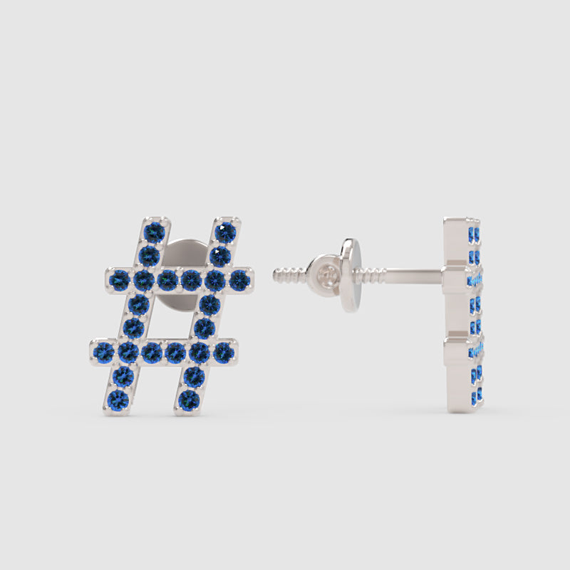 Blue Crystal Hashtag Symbol Stud Earrings - One