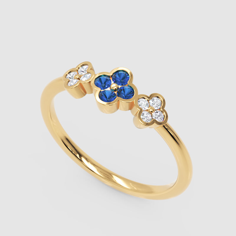 Blue Sapphire And Diamond Triple Flower Cluster Ring - Five