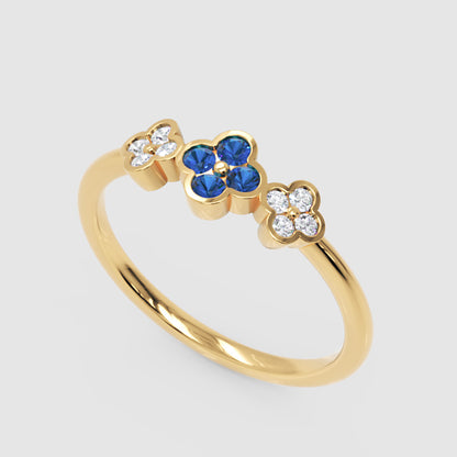 Blue Sapphire And Diamond Triple Flower Cluster Ring - Five