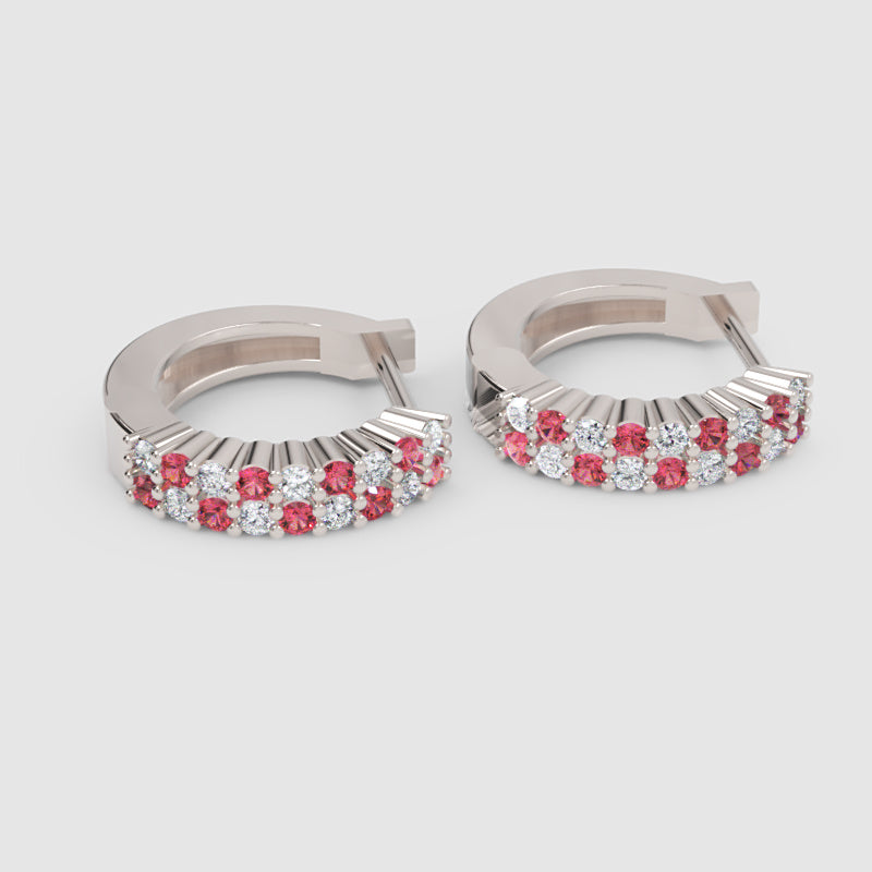Rose Gold Ruby And Diamond Double Row Hoop Earrings - Five