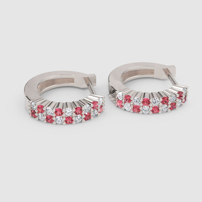 Rose Gold Ruby And Diamond Double Row Hoop Earrings - Five