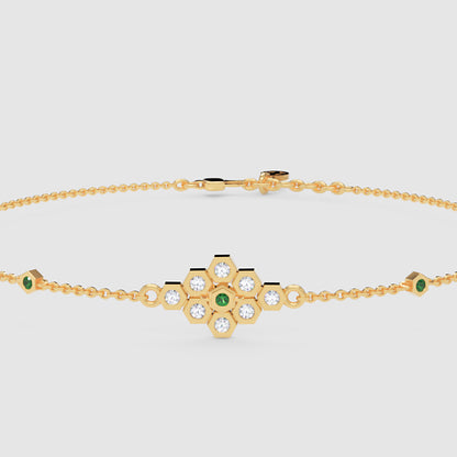 Diamond Cluster Bracelet With Green Emerald Accents - Five