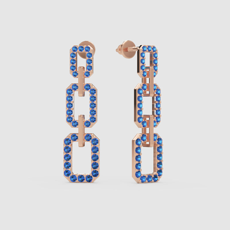 Blue Crystal Chain Link Drop Earrings - Three