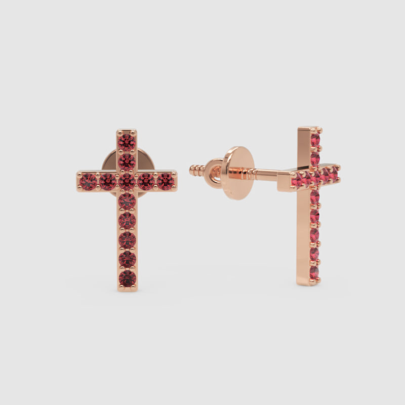 Ruby Cross Stud Earrings With Screw Back Closure - One