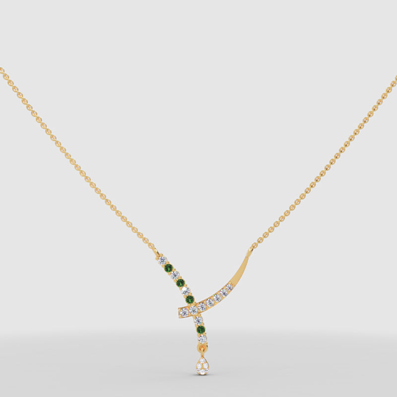 Natural Diamond Curved Bar Necklace With Green Gemstone Drop Pendant - Nine