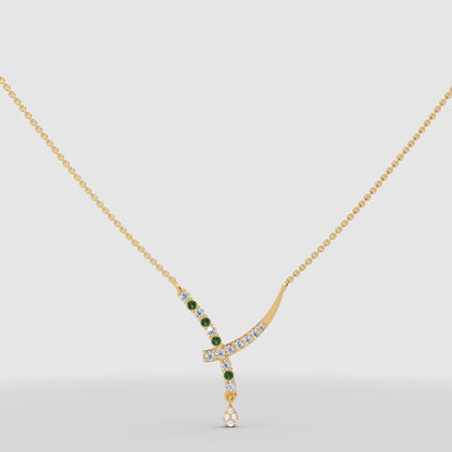 Natural Diamond Curved Bar Necklace With Green Gemstone Drop Pendant - Nine