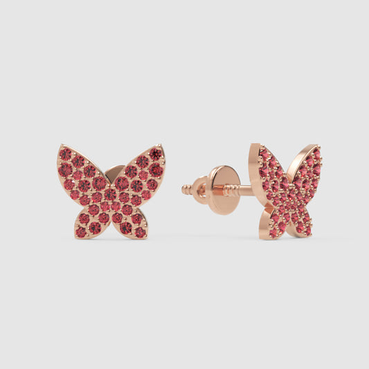 Pink Crystal Butterfly Stud Earrings With Screw Back Closure - One