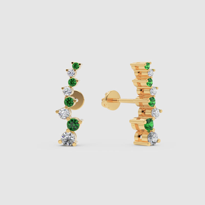 Rose Gold Emerald And Diamond Curved Climber Earrings - Seven