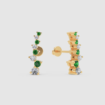 Rose Gold Emerald And Diamond Curved Climber Earrings - Seven