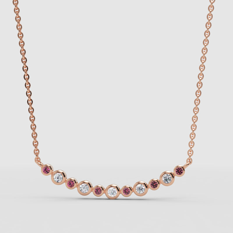 Curved Bar Necklace With White And Red Gemstones - Three