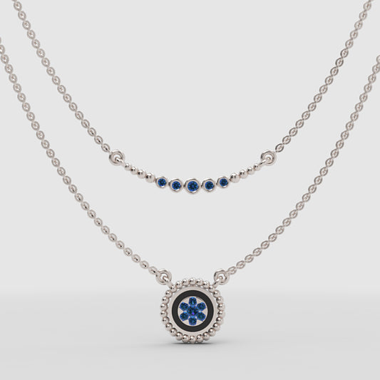 Blue Gemstone Double Layer Pendant Necklace Set