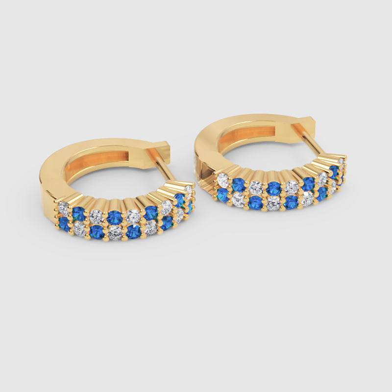 Rose Gold Blue Sapphire & Diamond Hoop Earrings – Double Row Huggie Earrings - Five