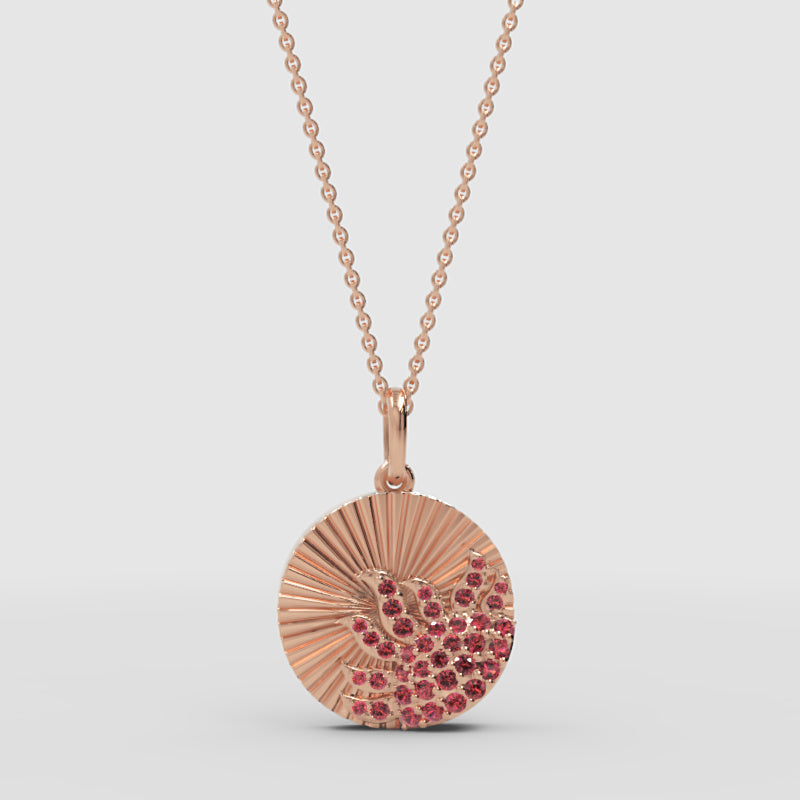 Ruby Sunburst Disc Pendant Necklace With Textured Rays - One